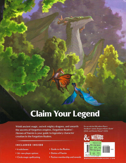 Forgotten Realms: Heroes of Faerun back cover with dragons and a fairy in a forest, featuring Wizards of the Coast logo.