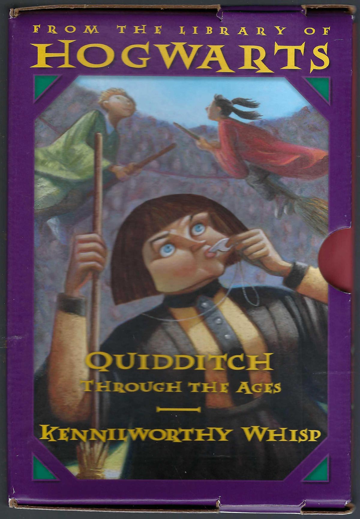 From the Library of Hogwarts boxed set by J. K  Rowling with an illustration of a characters on broomsticks.