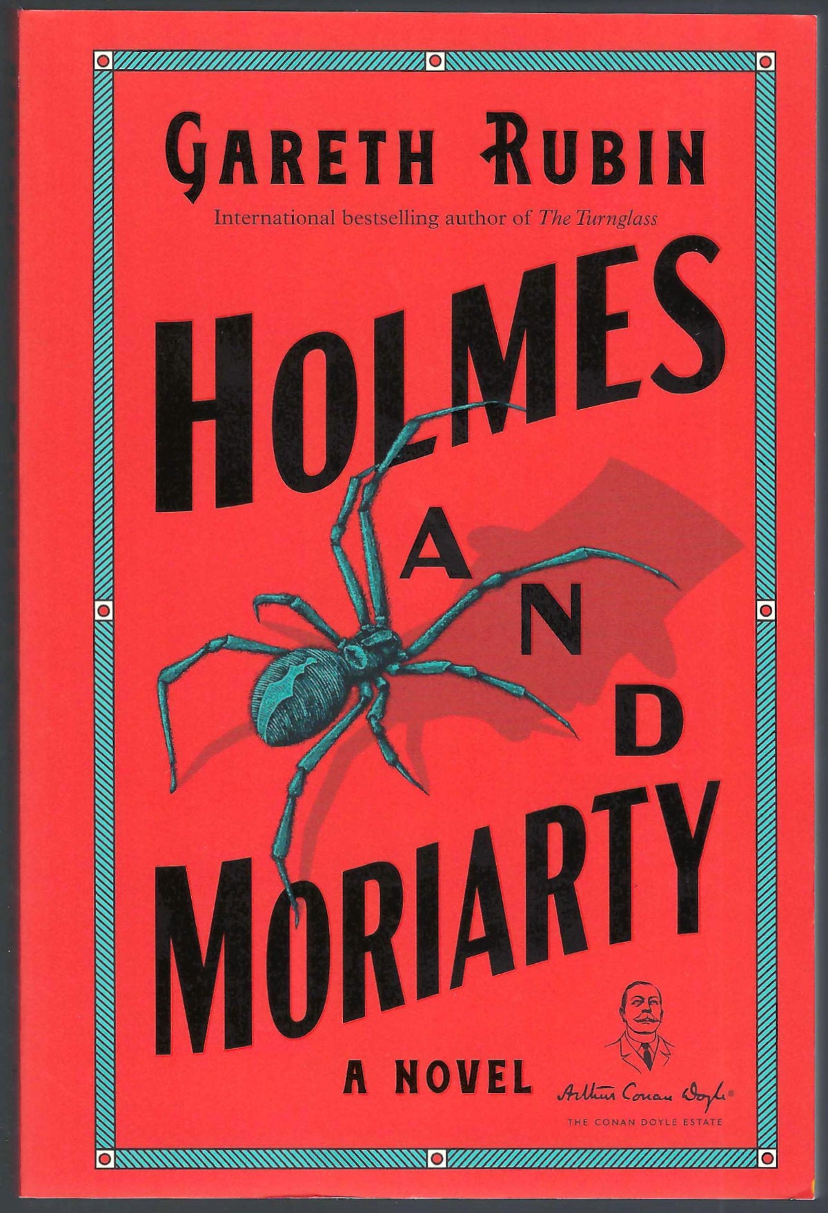Front cover of Holmes and Moriarty by Gareth Rubin, featuring a bright red background with large black title text, a blue-green spider illustration, and a decorative blue border.