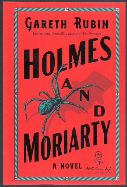 Front cover of Holmes and Moriarty by Gareth Rubin, featuring a bright red background with large black title text, a blue-green spider illustration, and a decorative blue border.