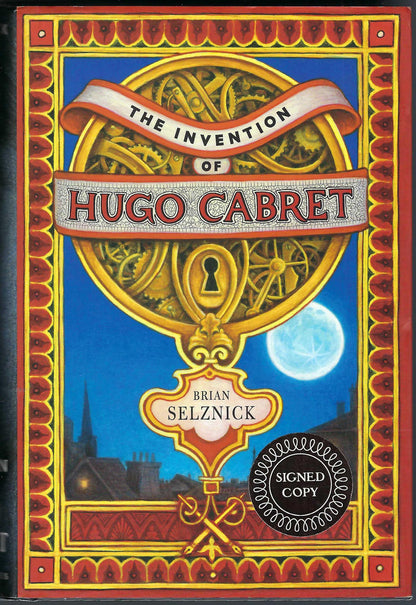 Front cover of The Invention of Hugo Cabret by Brian Selznick with decorative elements and a moon in the background.
