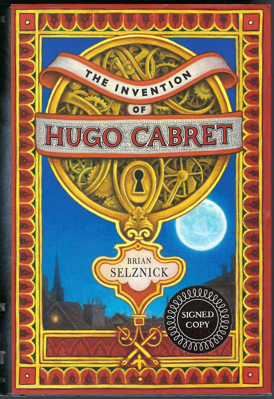 Front cover of The Invention of Hugo Cabret by Brian Selznick with decorative elements and a moon in the background.