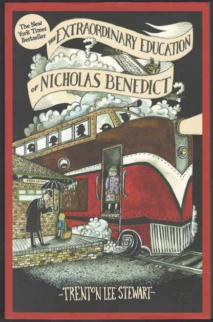 Front cover of The Extraordinary Education of Nicholas Benedict by Trenton Lee Stewart, featuring a whimsical illustration of a red and brown train, and a man and boy standing on a platform.