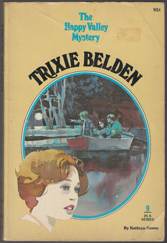 Trixie Belden and the Happy Valley Mystery with an illustration of children in a row boat.