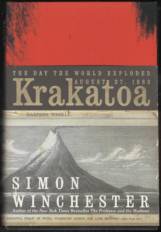 Front cover of Krakatoa: The Day the World Exploded by Simon Winchester with a mountain and red background.