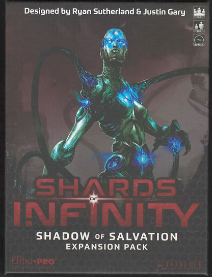 Front cover of the Ultra Pro Games Shadows of Infinity: Shadow of Salvation Expansion Pack, featuring a sci-fi humanoid figure with glowing blue energy effects against a dark smoky background.