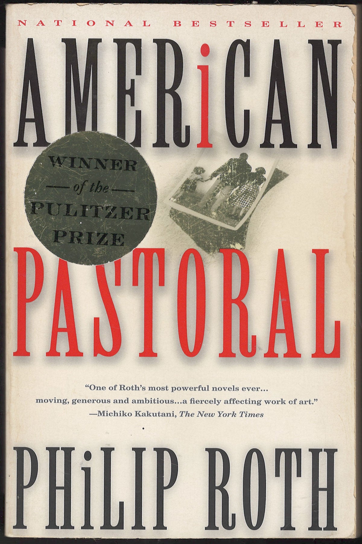 Front cover of American Pastoral by Philip Roth, featuring large black and red title text on a cream background with a Pulitzer Prize seal and a small black-and-white illustration.