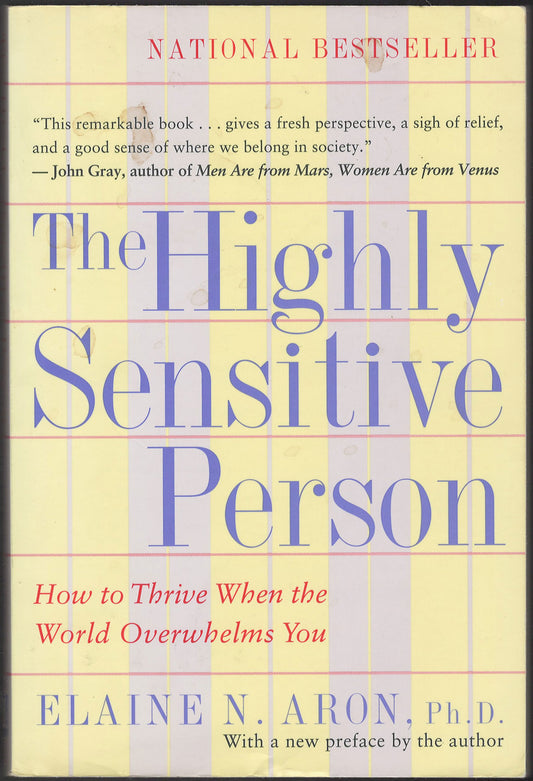 Front cover of The Highly Sensitive Person by Elaine N. Aron with a yellow and purple striped background.