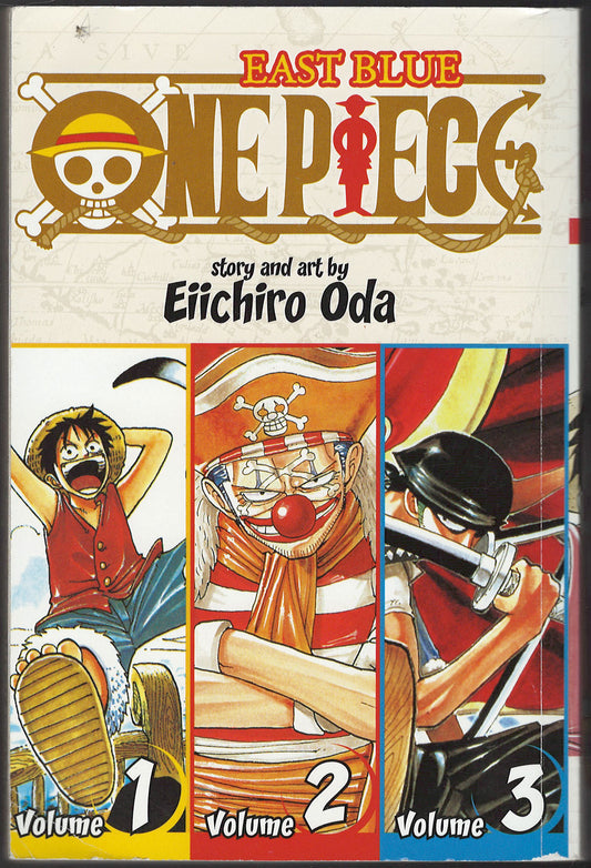 Front cover of One Piece volumes 1, 2, and 3 with character illustrations.
