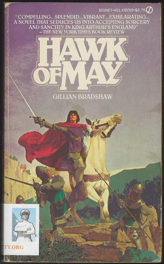 Front cover of Hawk of May by Gillian Bradshaw with a knight on a horse.