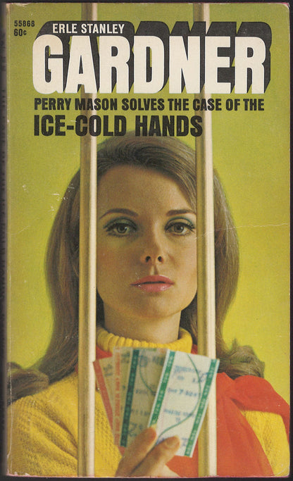 Front cover of The Case of the Ice-Cold Hands by Erle Stanley Gardner featuring a woman holding tickets behind bars.