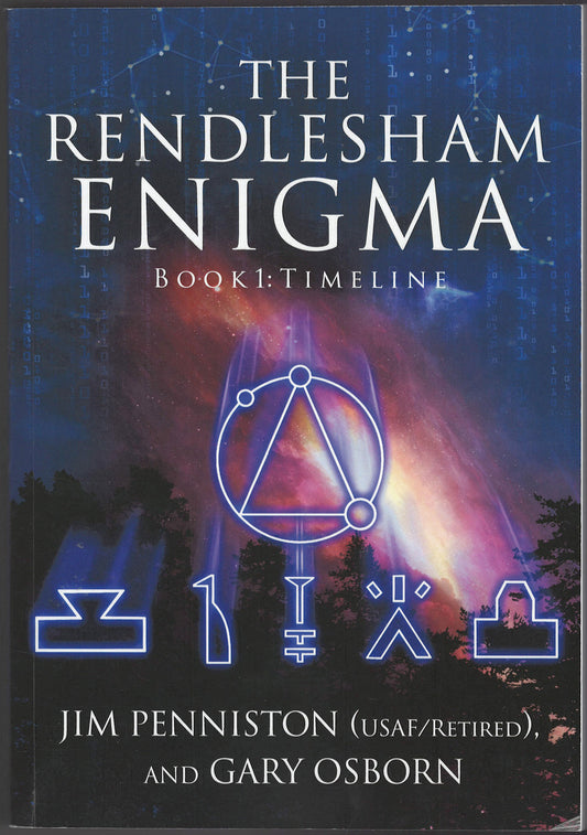 Front cover of The Rendlesham Enigma with a extraterrestrial design and symbols.