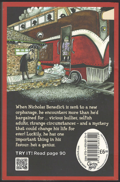 Back cover The Extraordinary Education of Nicholas Benedict by Trenton Stewart showing a dark illustration of a train station scene.