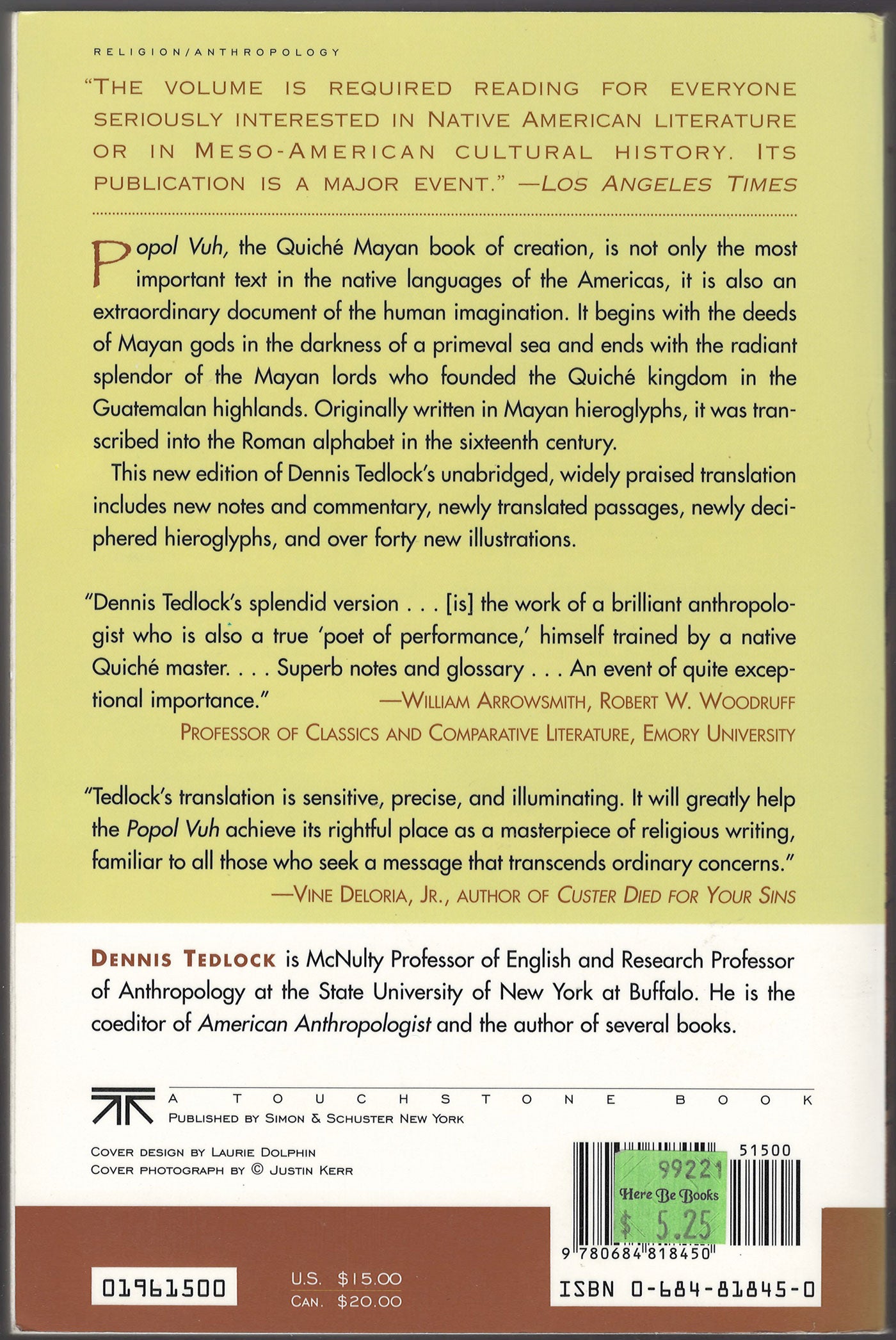 Popol Vuh The Definitive Edition of the Mayan Book of the Dawn of Life and the Glories of Gods and Kings back cover