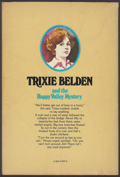 Back cover of Trixie Belden and the Happy Valley Mystery with a portrait of Trixie