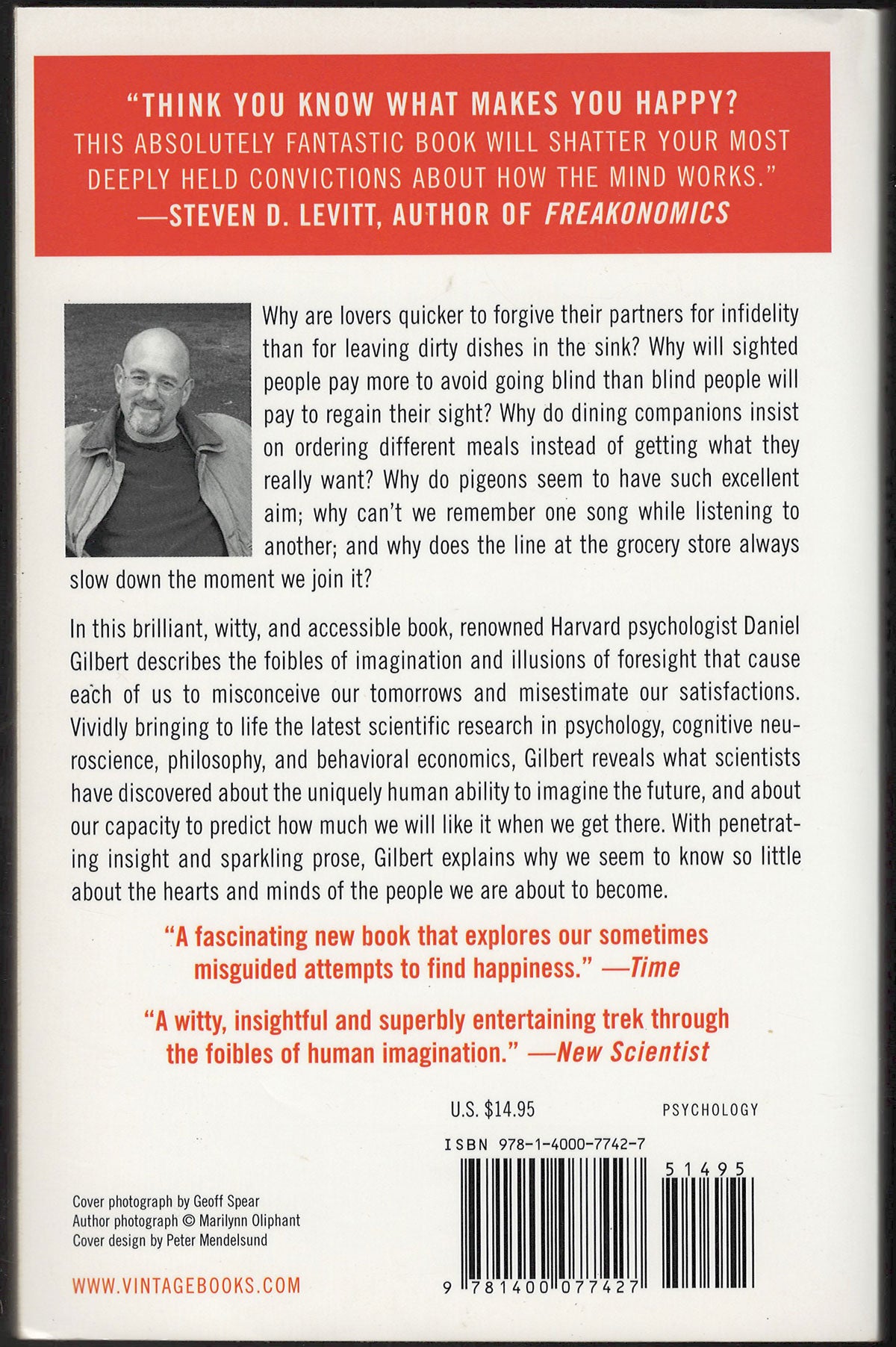 Stumbling on Happiness by Daniel Gilbert back cover