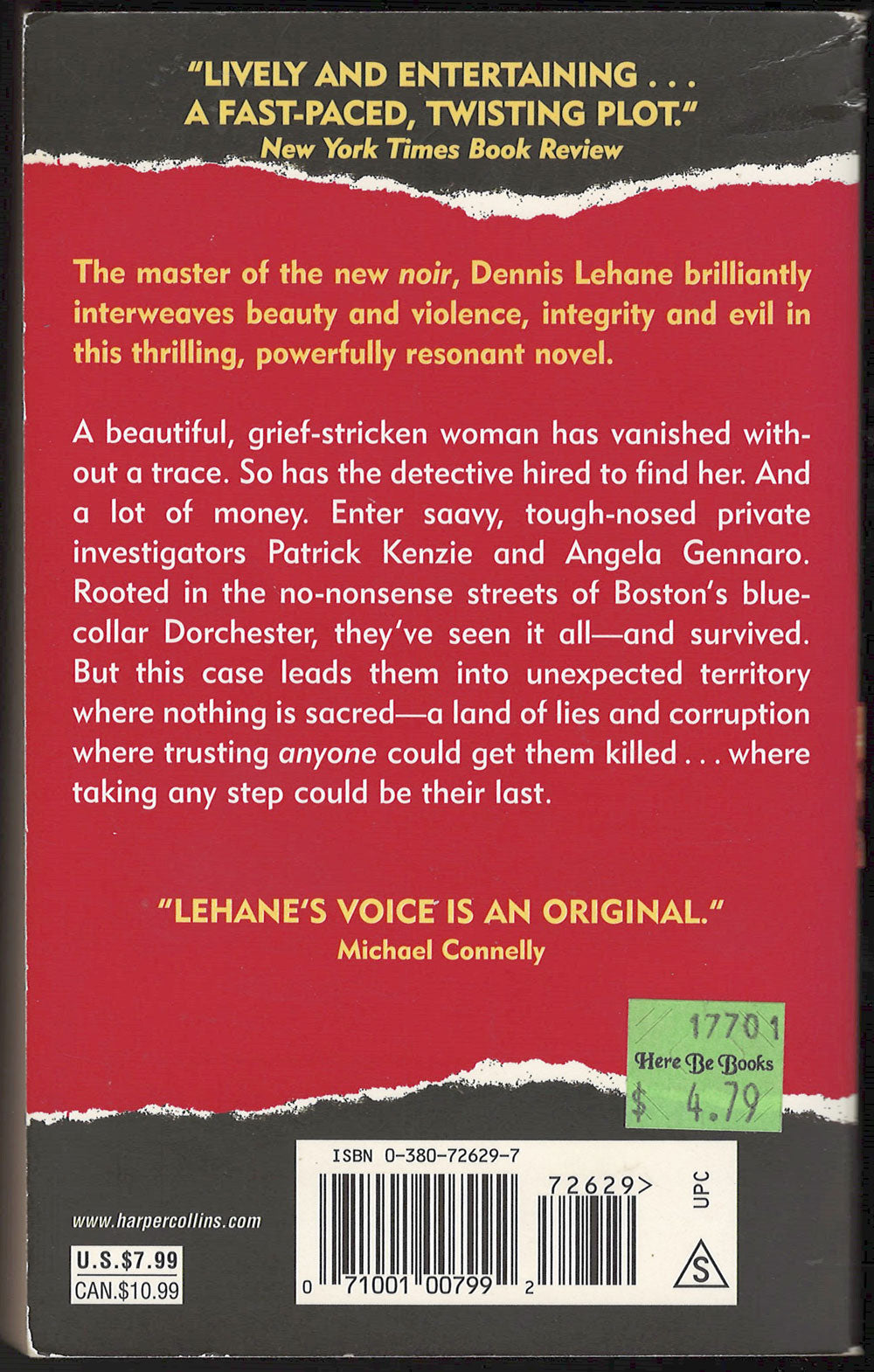 Sacred by Dennis Lehane back cover