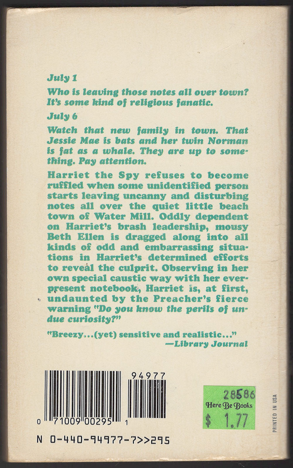 The Long Secret by Louise Fitzhugh back cover