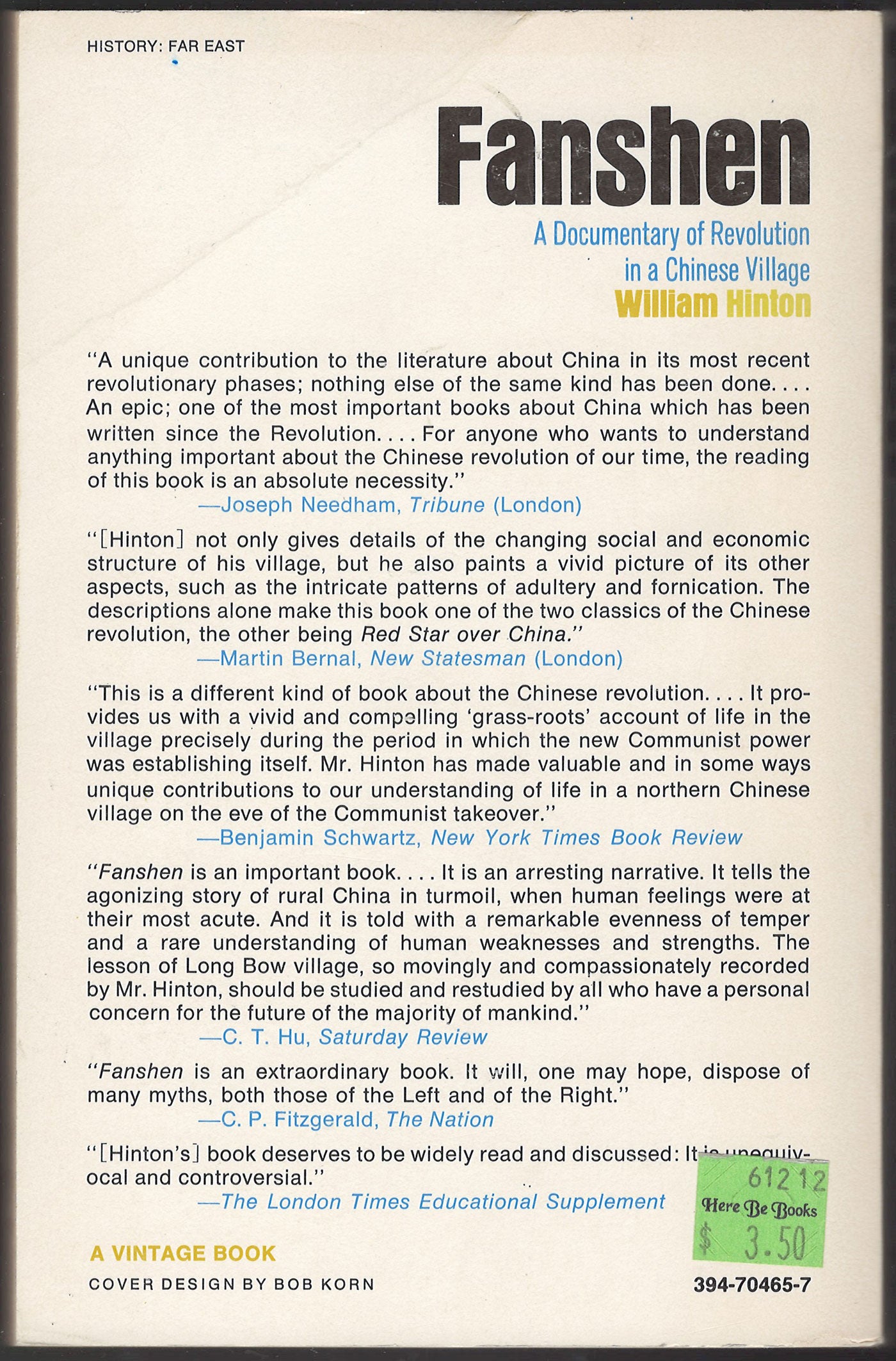 Fanshen: A Documentary of Revolution in a Chinese Village back cover