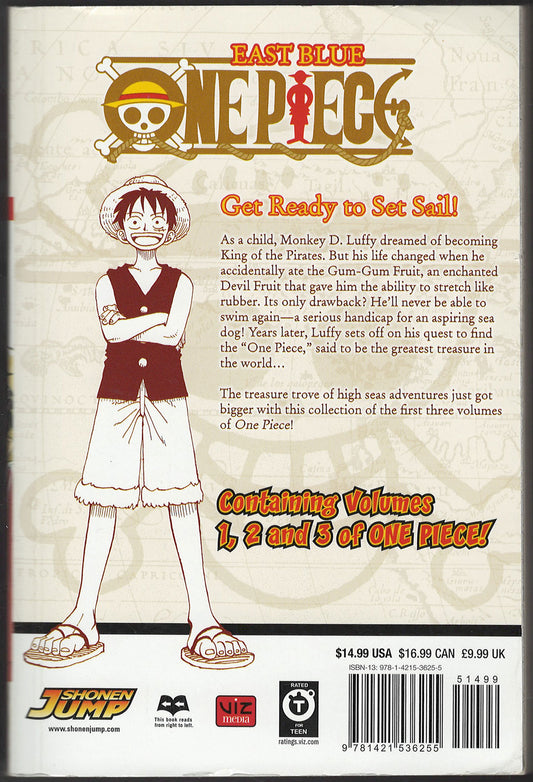 Back cover of One Piece Volumes 1-3 with a character illustration and text.
