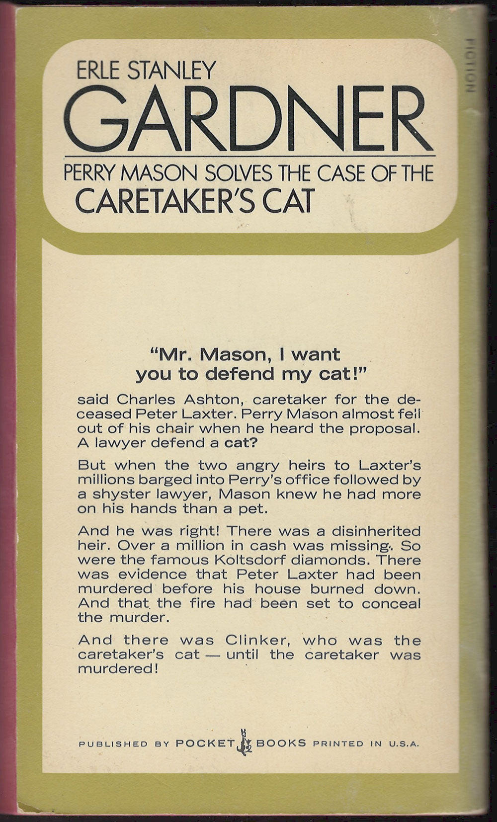 Back cover of Perry Mason Solves the Case of the Caretaker's Cat by Erle Stanley Gardner with text and title details.