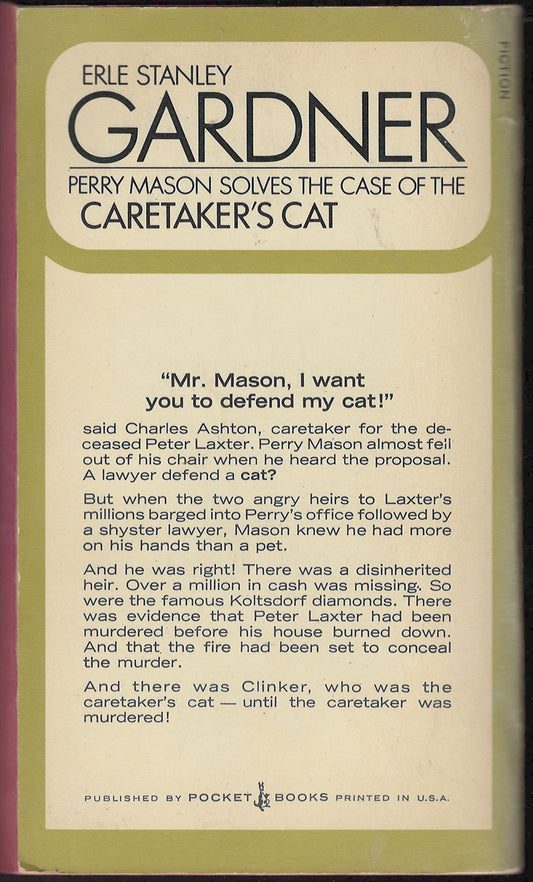 Back cover of Perry Mason Solves the Case of the Caretaker's Cat by Erle Stanley Gardner with text and title details.