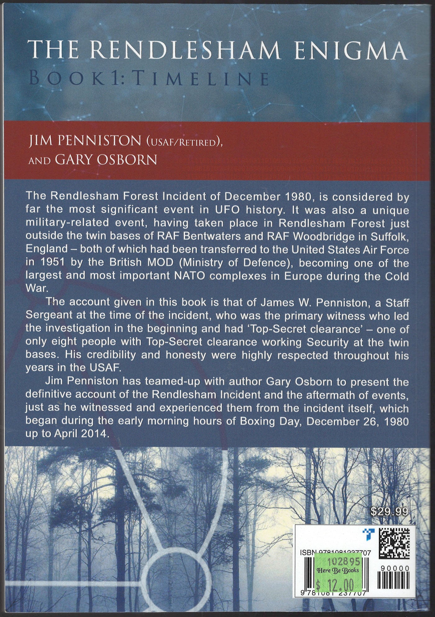 Back cover of The Rendlesham Enigma with a forest scene and text about the Rendlesham Forest Incident. 