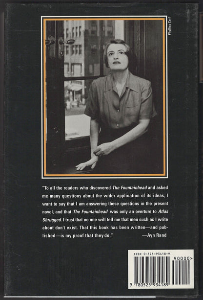 Back cover of Atlas Shrugged by Ayn Rand with a portrait of the author.