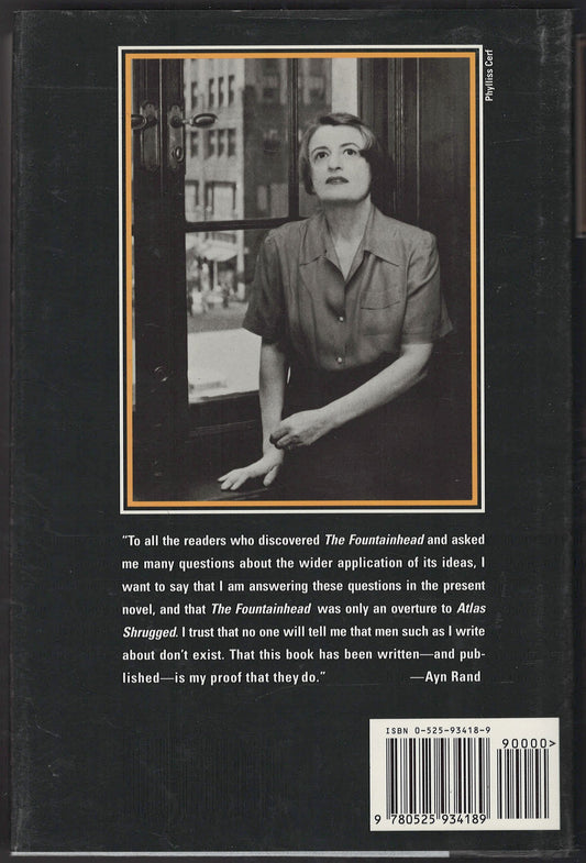 Back cover of Atlas Shrugged by Ayn Rand with a portrait of the author.