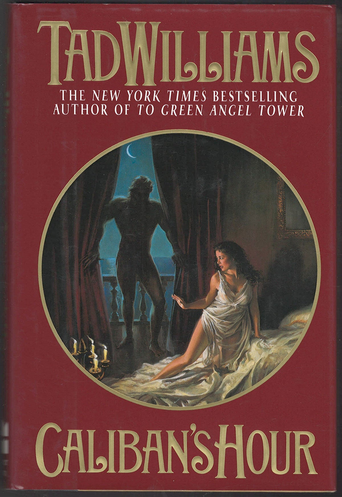 Front cover of Caliban's Hour by Tad Williams with a red background and circular illustration of a man and woman.