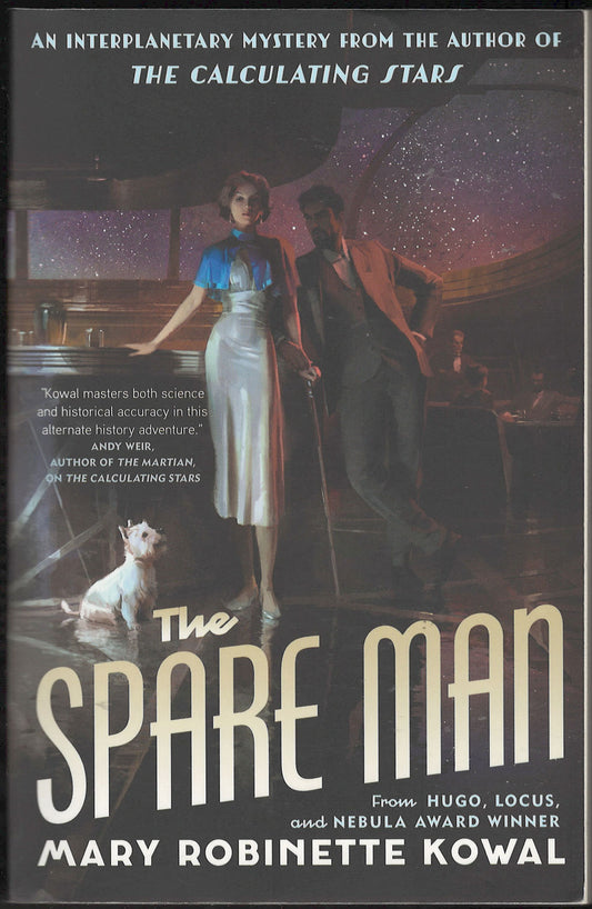 Front cover of The Spare Man by Mary Robinette Kowal featuring a woman, a man and a dog in a room with a starry background.
