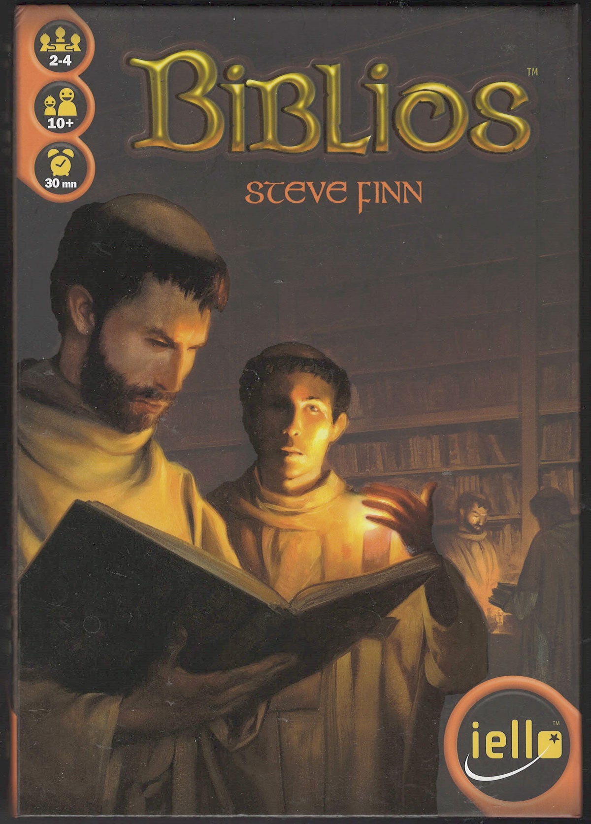 Front cover of the board game Biblios by Steve Finn, featuring monks reading in a library. 