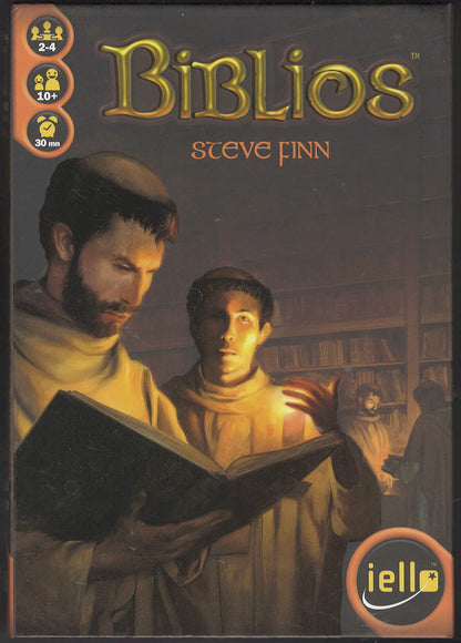 Front cover of the board game Biblios by Steve Finn, featuring monks reading in a library. 