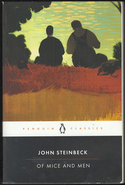 Penguin Classics edition of John Steinbeck's Of Mice and Men, featuring an illustration of two men sitting on a grassy hill against a yellow-green sky.