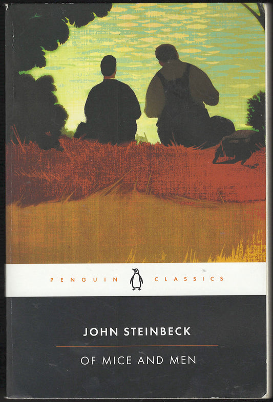 Penguin Classics edition of John Steinbeck's Of Mice and Men, featuring an illustration of two men sitting on a grassy hill against a yellow-green sky.