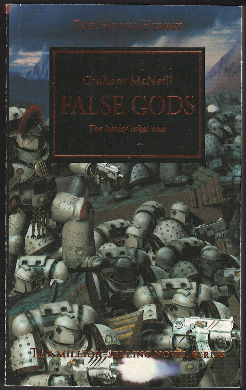 Front cover of False Gods by Graham McNeill, featuring a dark central title panel over an illustration of armored soldiers in a battlefield scene.