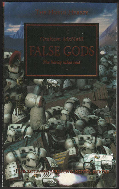 Front cover of False Gods by Graham McNeill, featuring a dark central title panel over an illustration of armored soldiers in a battlefield scene.