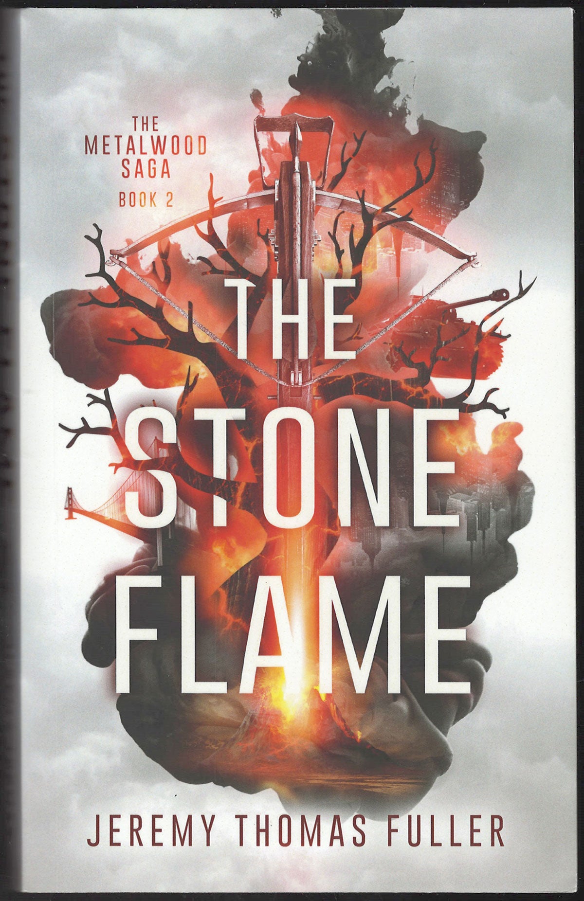 Front cover of The Stone Flame by Jeremy Thomas Fuller, showing a dramatic tree silhouette with a crossbow and large white title text on a smoky gray background.
