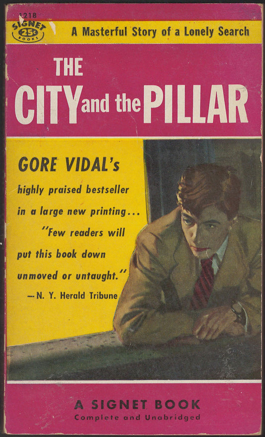Front cover of The City and the Pillar by Gore Vidal with a yellow and pink design.