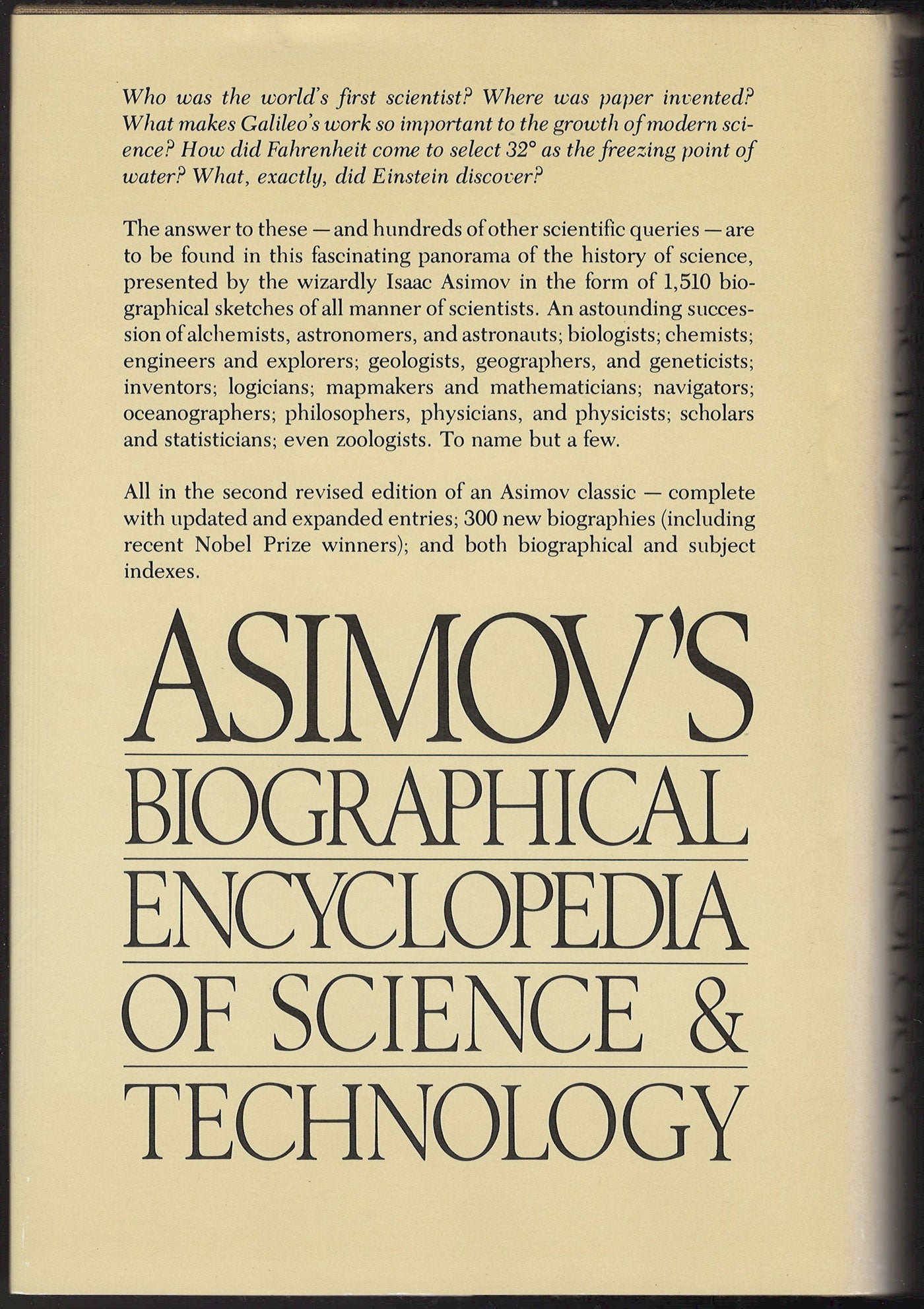 Asimov's Biographical Encyclopedia of Science & Technology Second Revised Edition back cover