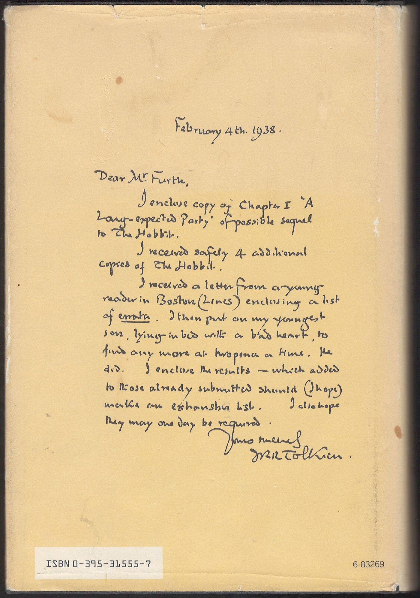 The Letters of J.R.R Tolkien back cover