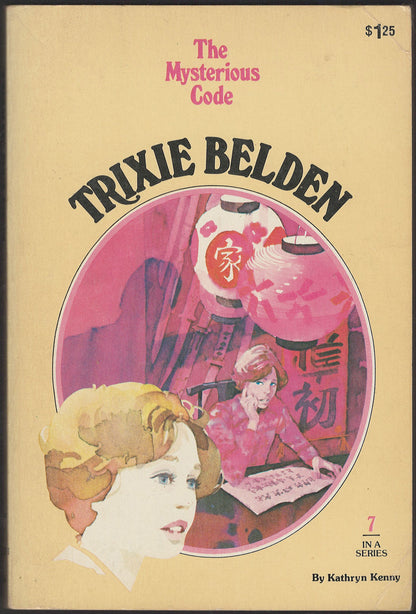 Front cover of Trixie Belden #7 The Mysterious Code  with a pink and beige color scheme.