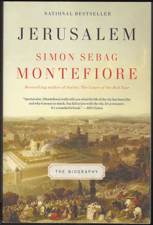 Front cover of Jerusalem by Simon Sebag Montefiore with a vintage cityscape.