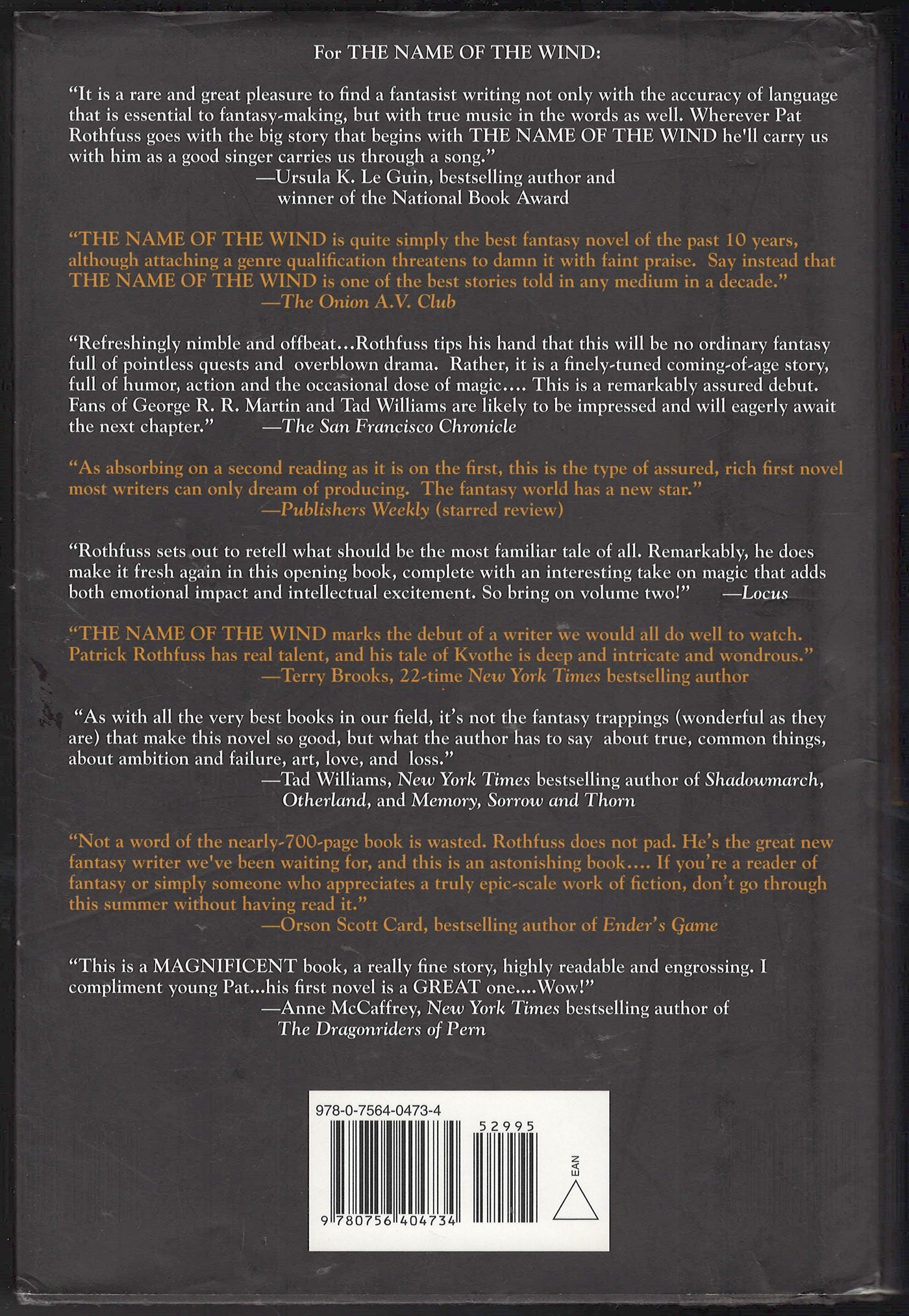 The Wise Man's Fear by Patrick Rothfuss back cover with text.