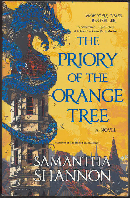 Front cover of The Priory of the Orange Tree by Samantha Shannon with a dragon and tower.