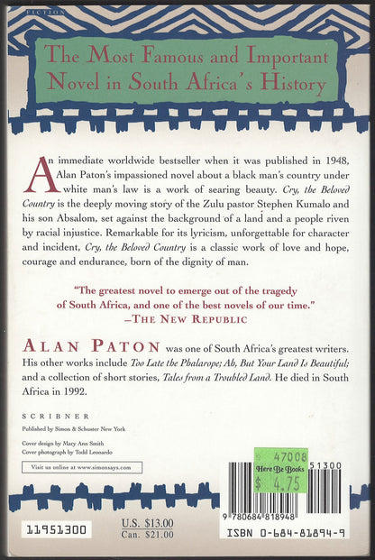 Cry, the Beloved Country by Alan Paton back cover
