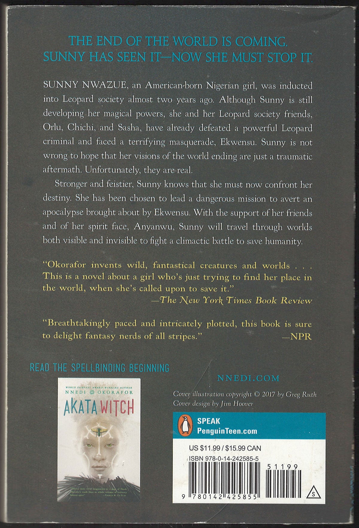 Back cover of the book Akata Witch by Nnedi Okorafor.