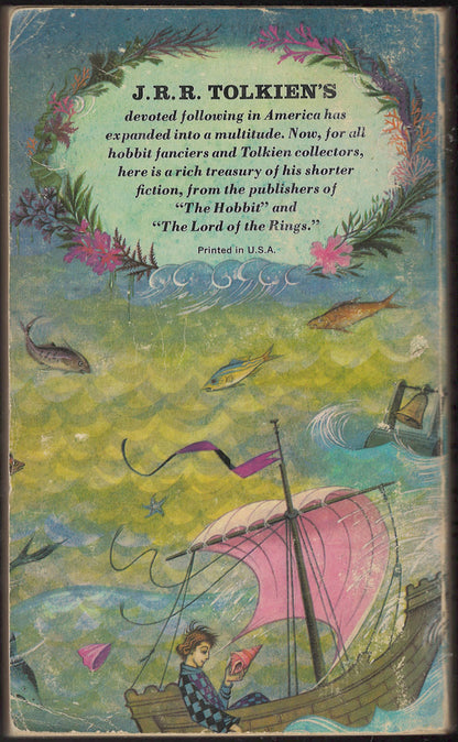 Back cover of Tolkien Reader by J.R.R. Tolkien with a colorful illustration of a boat and fish.