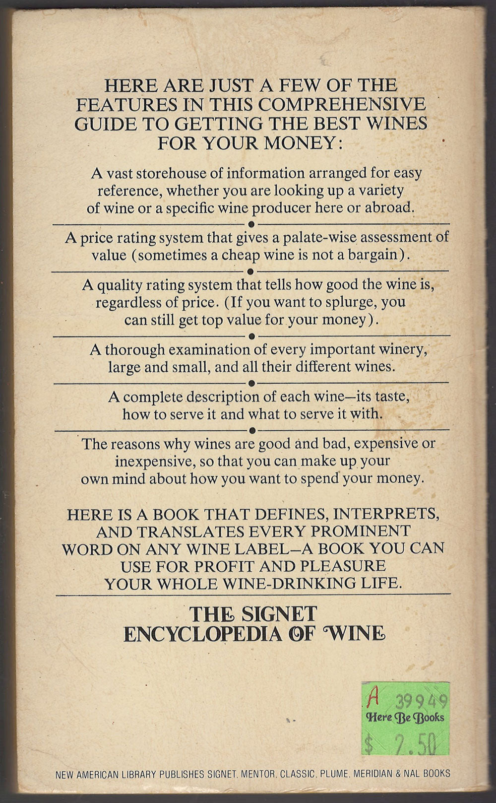 The Signet Encyclopedia of Wine by E. Frank Henriques back cover