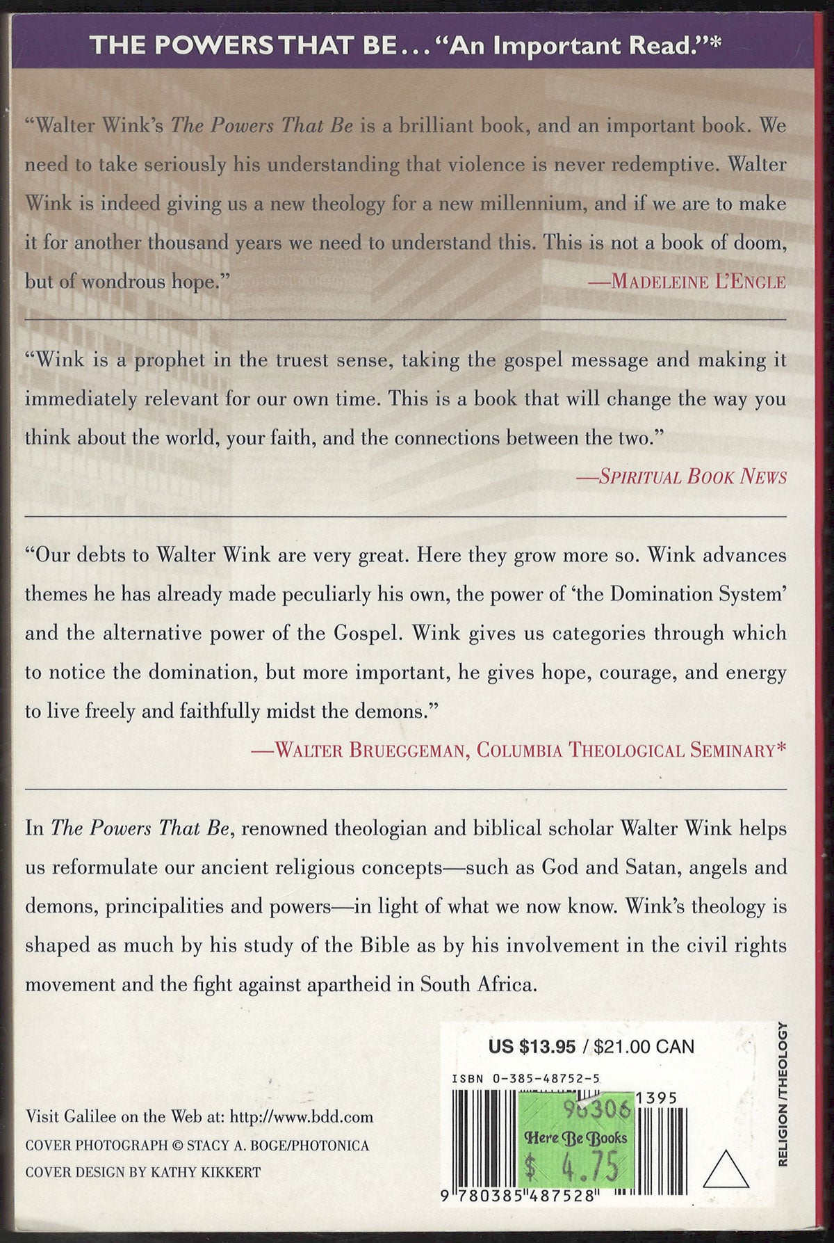 Powers That Be: Theology for a New Millennium by Walter Wink back cover